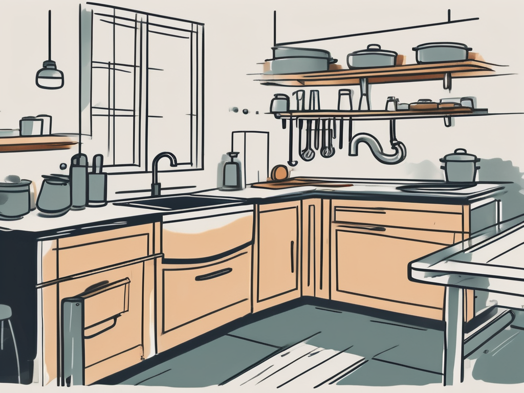 A kitchen scene with visible plumbing pipes underneath the sink