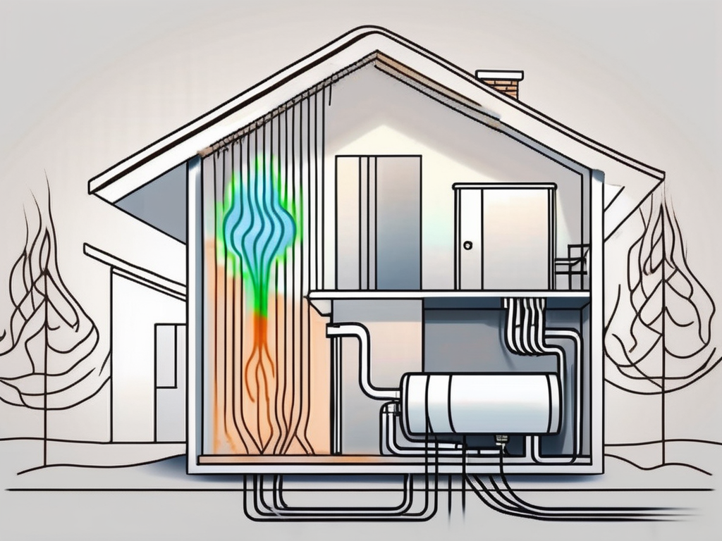 A heat pump connected to a house with visible energy waves to symbolize electricity usage