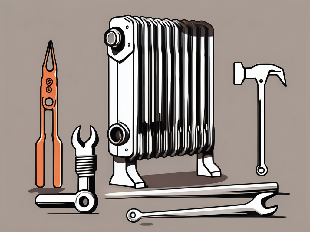 A radiator with a wrench and a set of other tools nearby