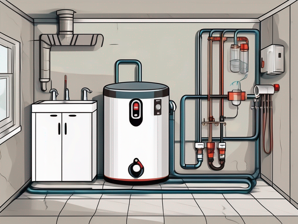 A modern hot water heater with various components labeled